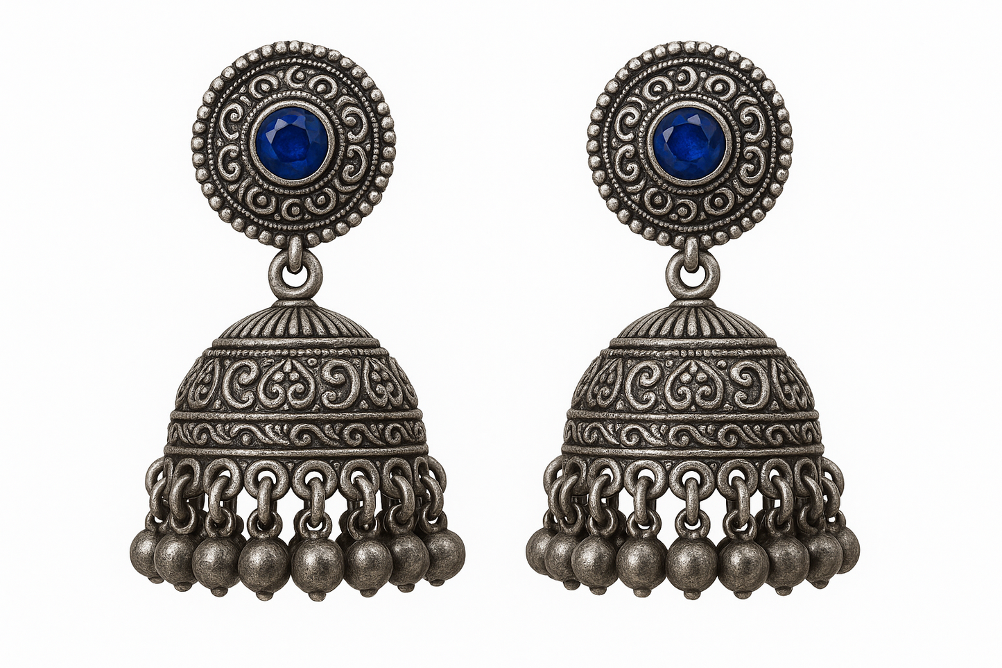Traditional oxidized jhumkas with ghungroo detailing. Lightweight and handmade. with sapphire give the image in png format no background