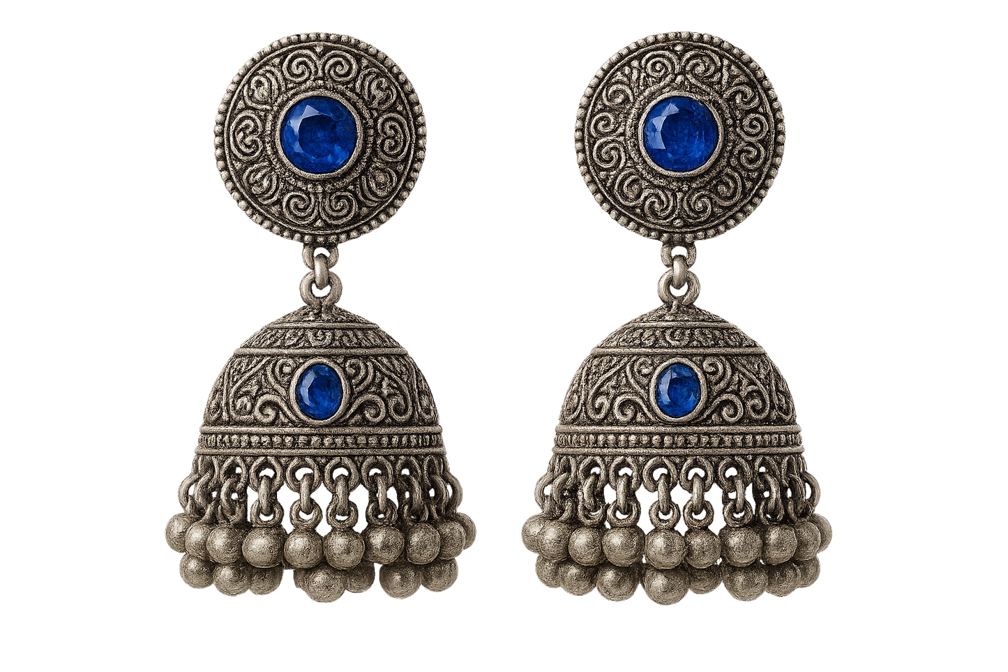 Traditional oxidized jhumkas with ghungroo detailing. Lightweight and handmade. with sapphire give the image in png format no background 