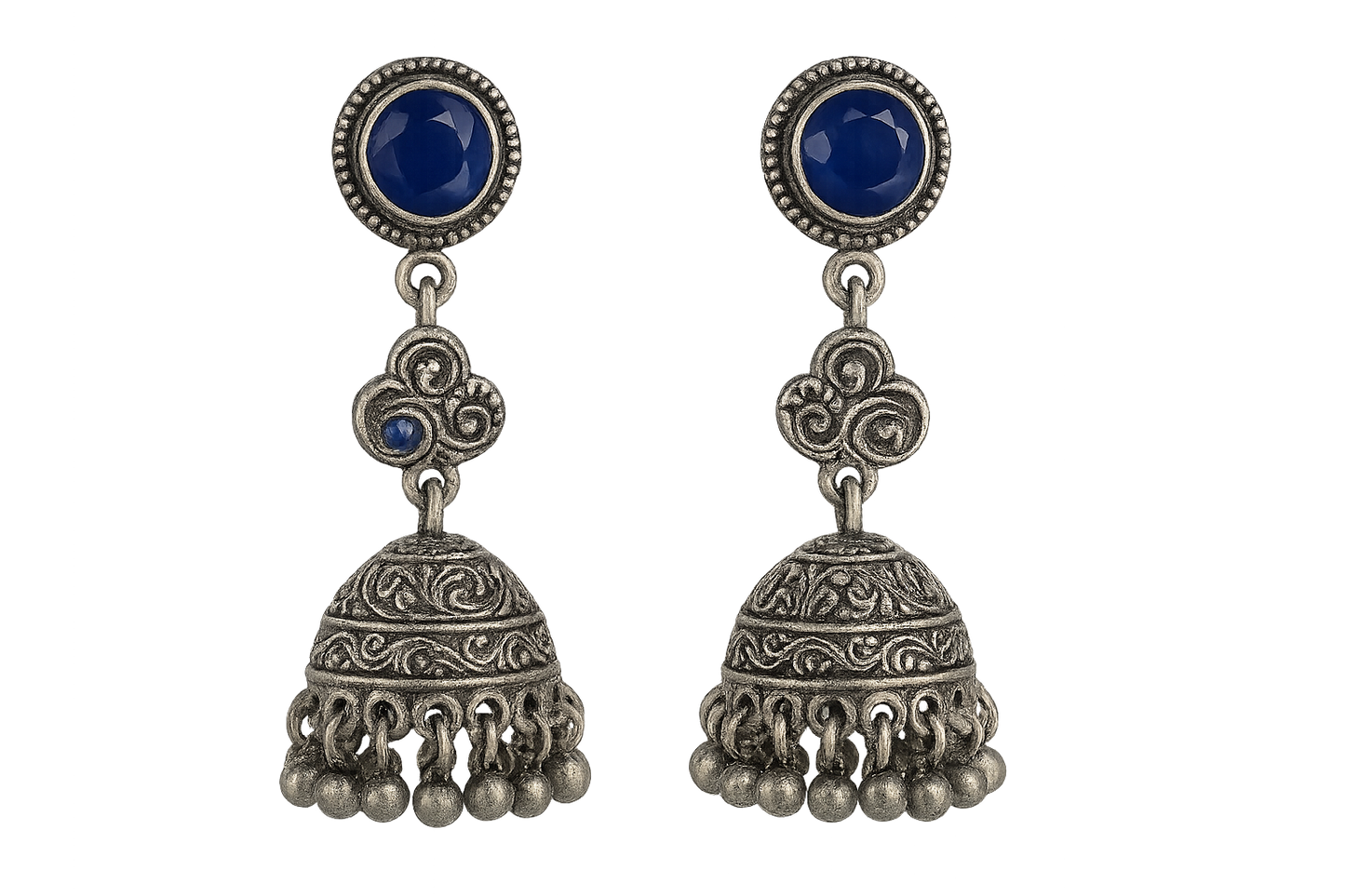 Traditional oxidized jhumkas with ghungroo detailing. Lightweight and handmade. with sapphrie give the image in png format no background