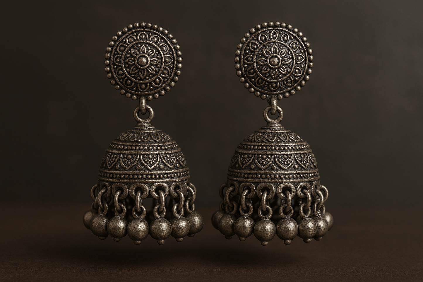 Traditional oxidized jhumkas with ghungroo detailing. Lightweight and handmade.