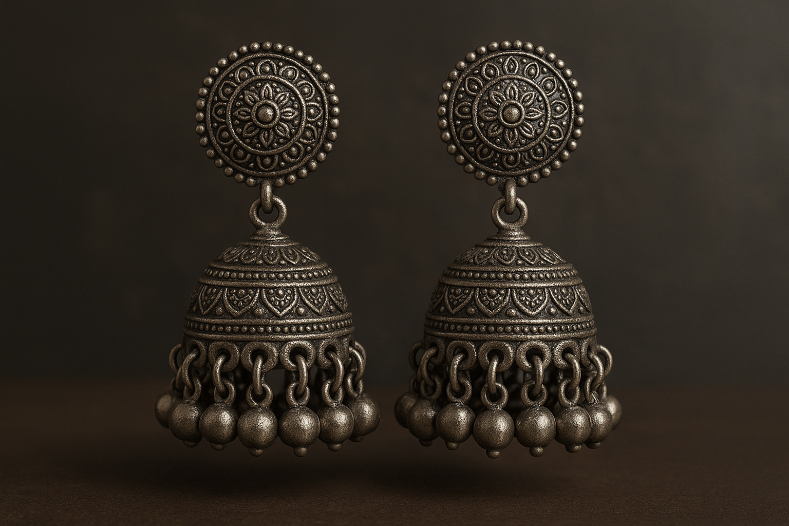 Traditional oxidized jhumkas with ghungroo detailing. Lightweight and handmade.