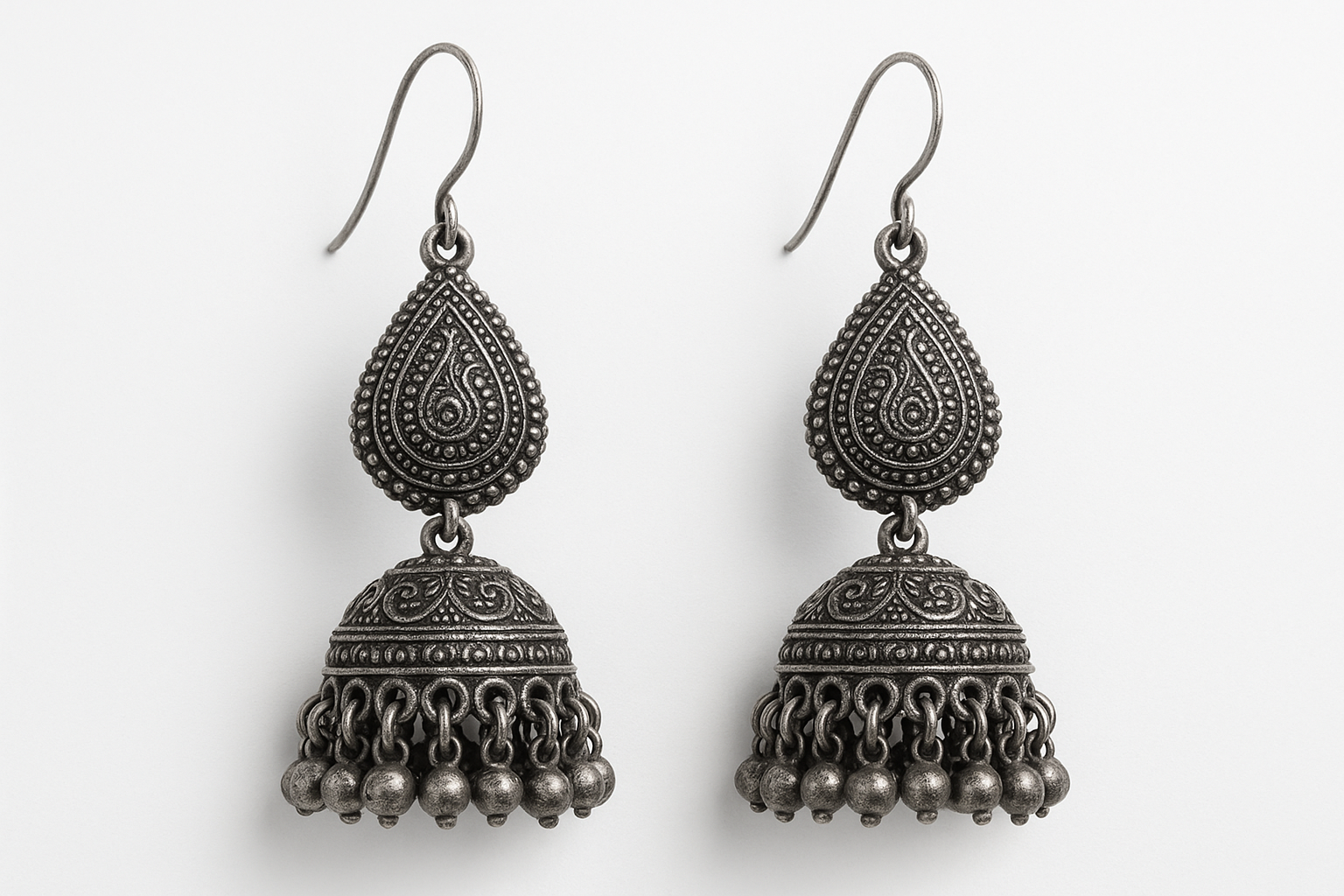 Traditional oxidized jhumkas with ghungroo detailing. Lightweight and handmade.