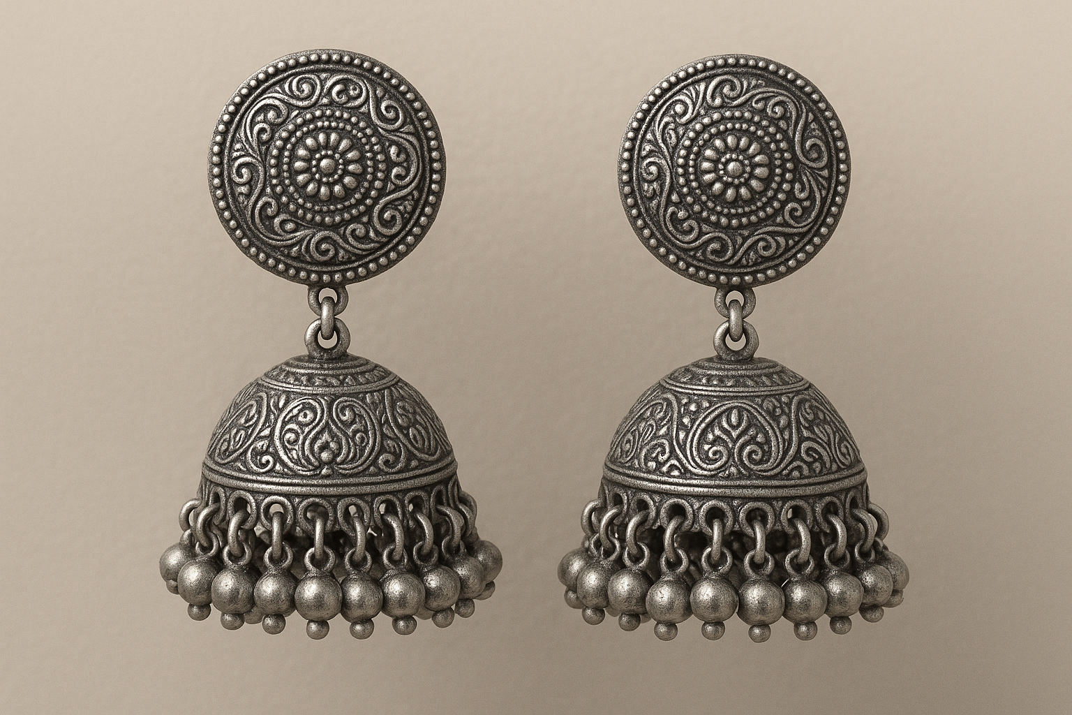 Traditional oxidized jhumkas with ghungroo detailing. Lightweight and handmade.