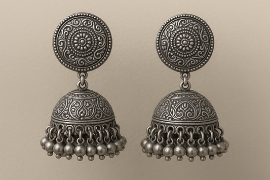Traditional oxidized jhumkas with ghungroo detailing. Lightweight and handmade.