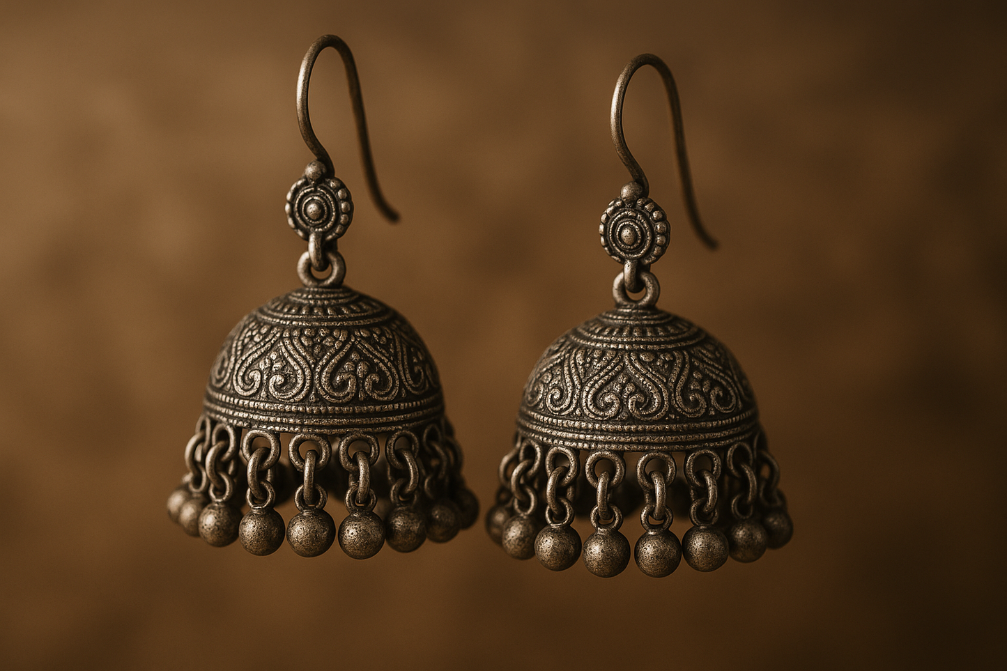 Traditional oxidized jhumkas with ghungroo detailing. Lightweight and handmade.