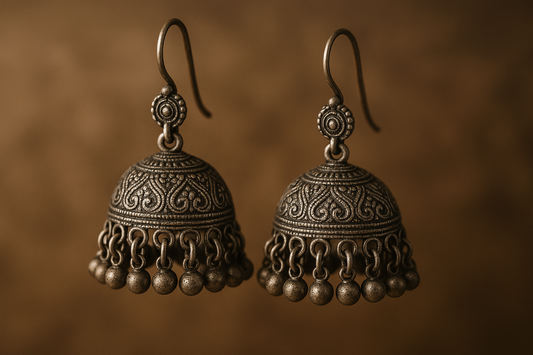 Traditional oxidized jhumkas with ghungroo detailing. Lightweight and handmade.