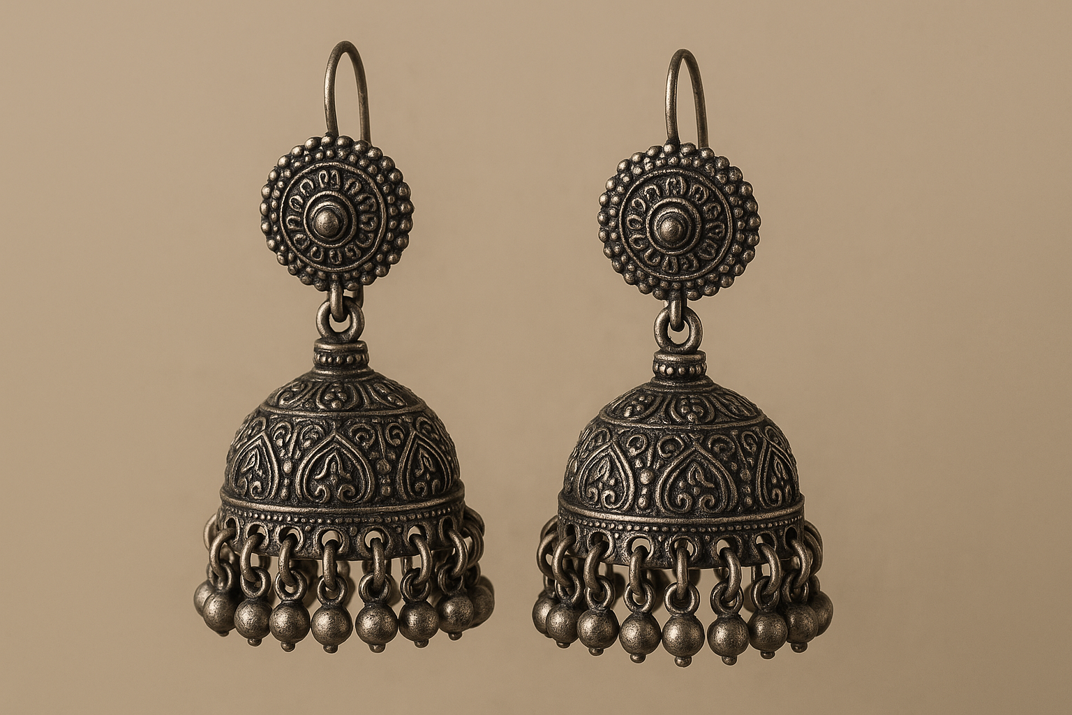 Traditional oxidized jhumkas with ghungroo detailing. Lightweight and handmade.