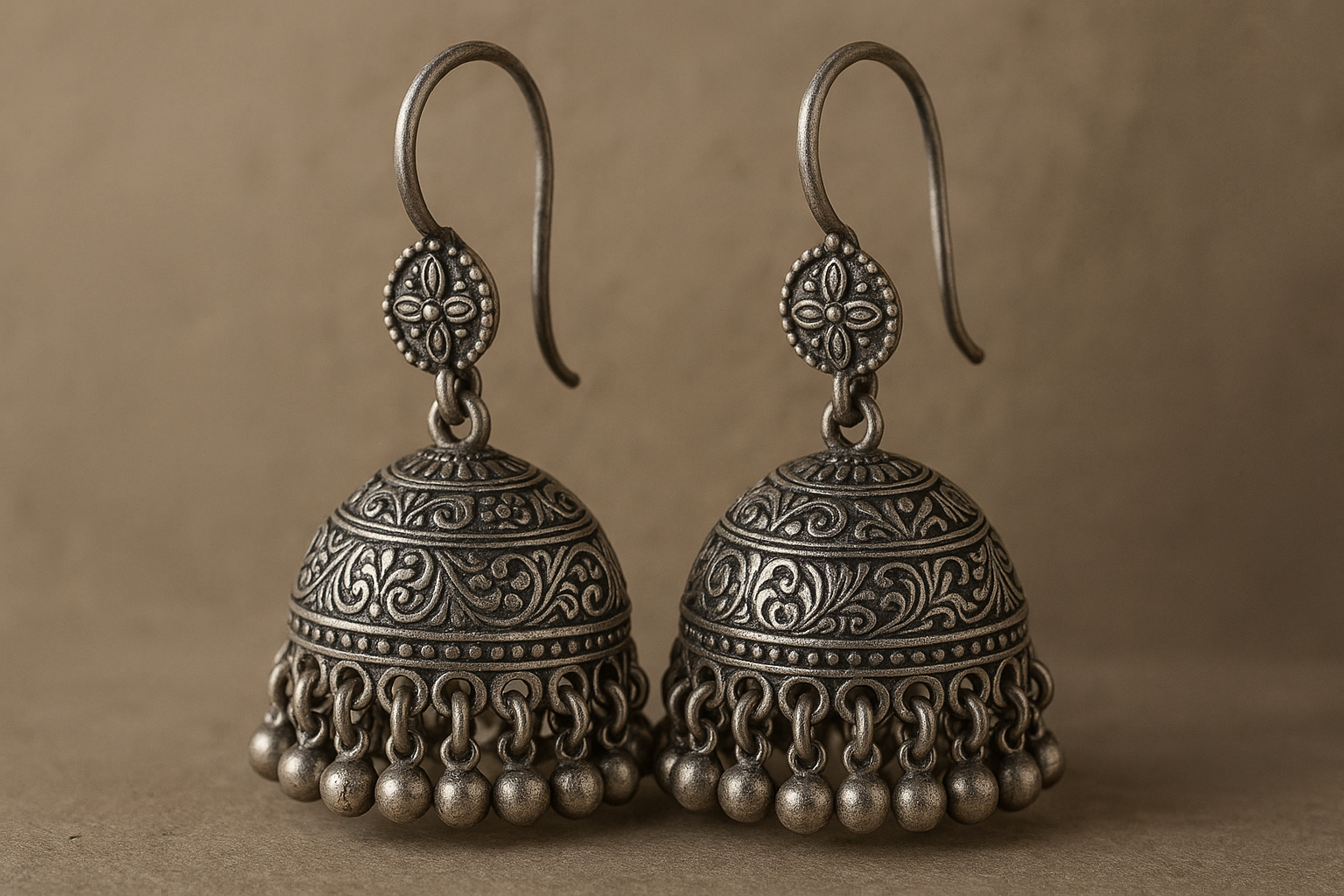 Traditional oxidized jhumkas with ghungroo detailing. Lightweight and handmade.