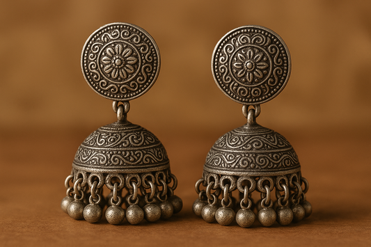 Traditional oxidized jhumkas with ghungroo detailing. Lightweight and handmade.