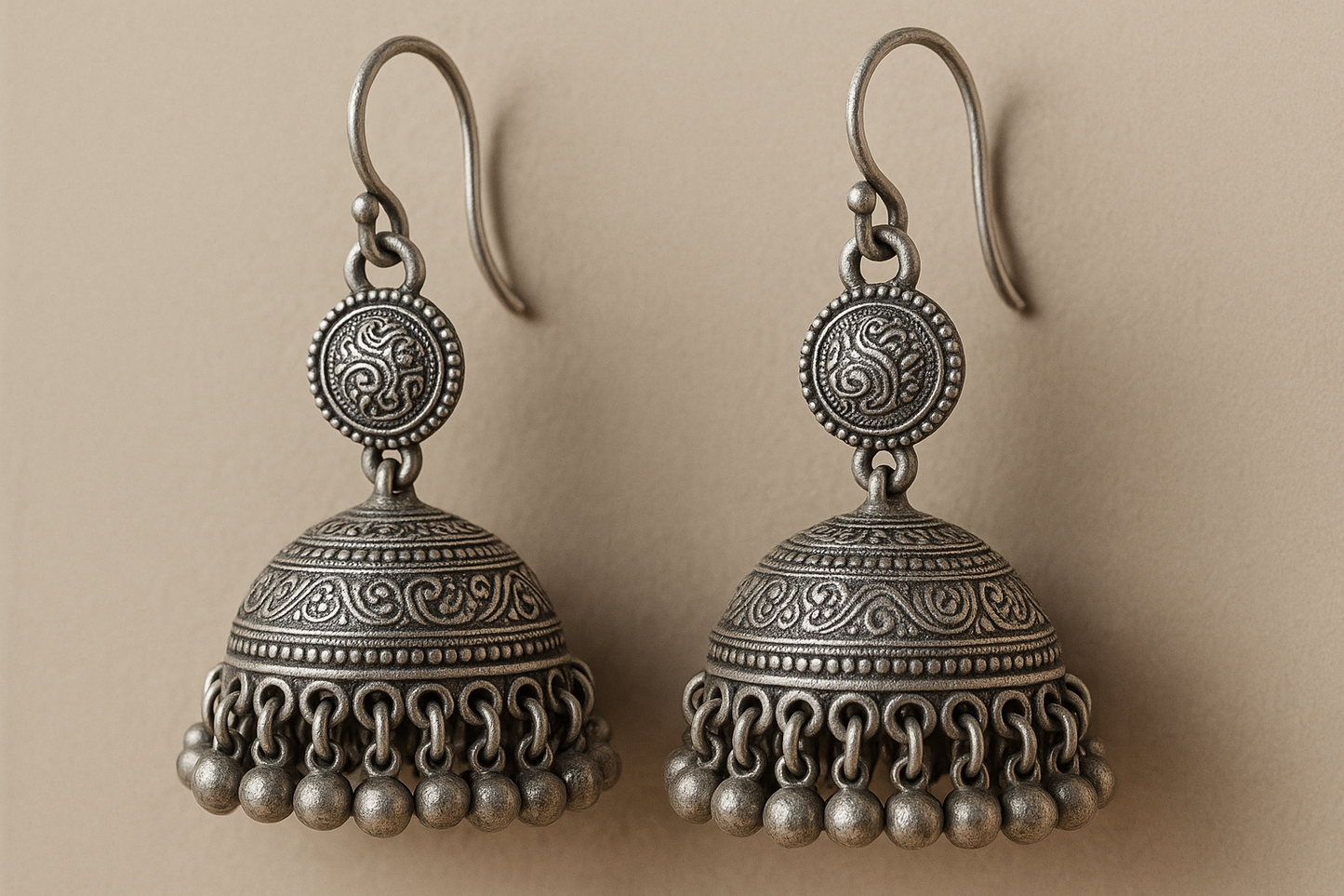 Traditional oxidized jhumkas with ghungroo detailing. Lightweight and handmade.
