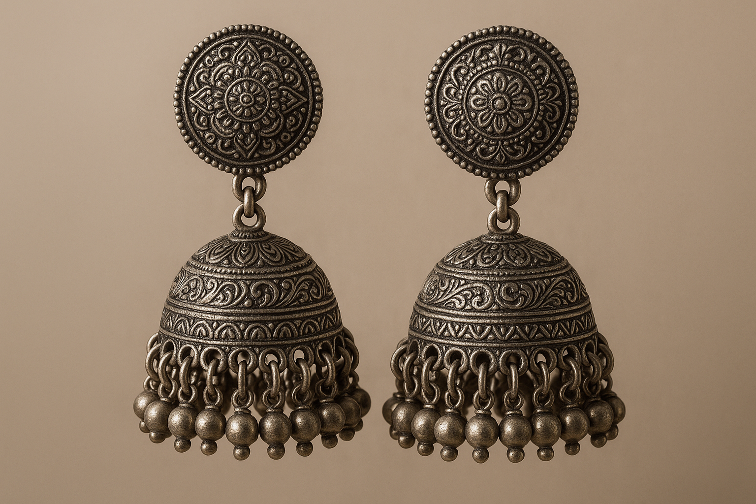 Traditional oxidized jhumkas with ghungroo detailing. Lightweight and handmade.